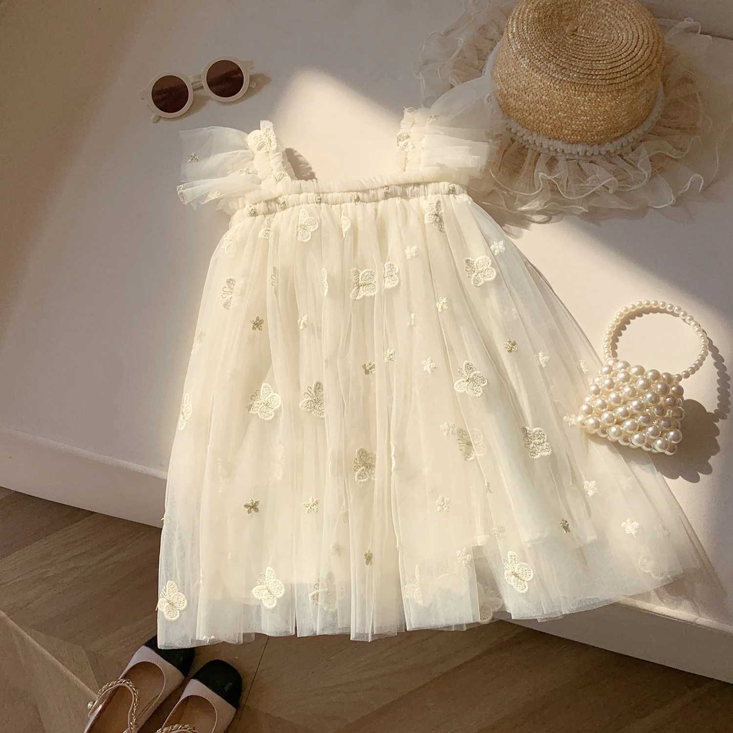 Summer New Baby Girls Pink Dress Casual Costume for 2025 Birthday Princess Party Dress Embroidered Butterfly Mesh Toddler Dress X250528