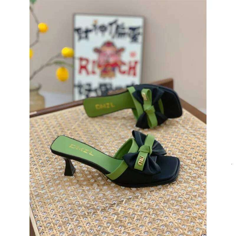 Wearing High Heeled Slippers for External Wear, Korean Fashion Sandals, Fashionable Bow Tie, Square Toe, Slim Heel Women's Shoes