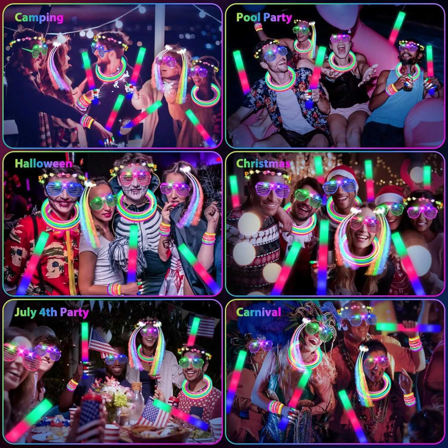 302 Pcs Party Supplies 20 LED Hair Clips 16 LED Glasses 16 Foam Sticks 10 Flower Crowns 40 Finger Lights 200 Glow Sticks W250528