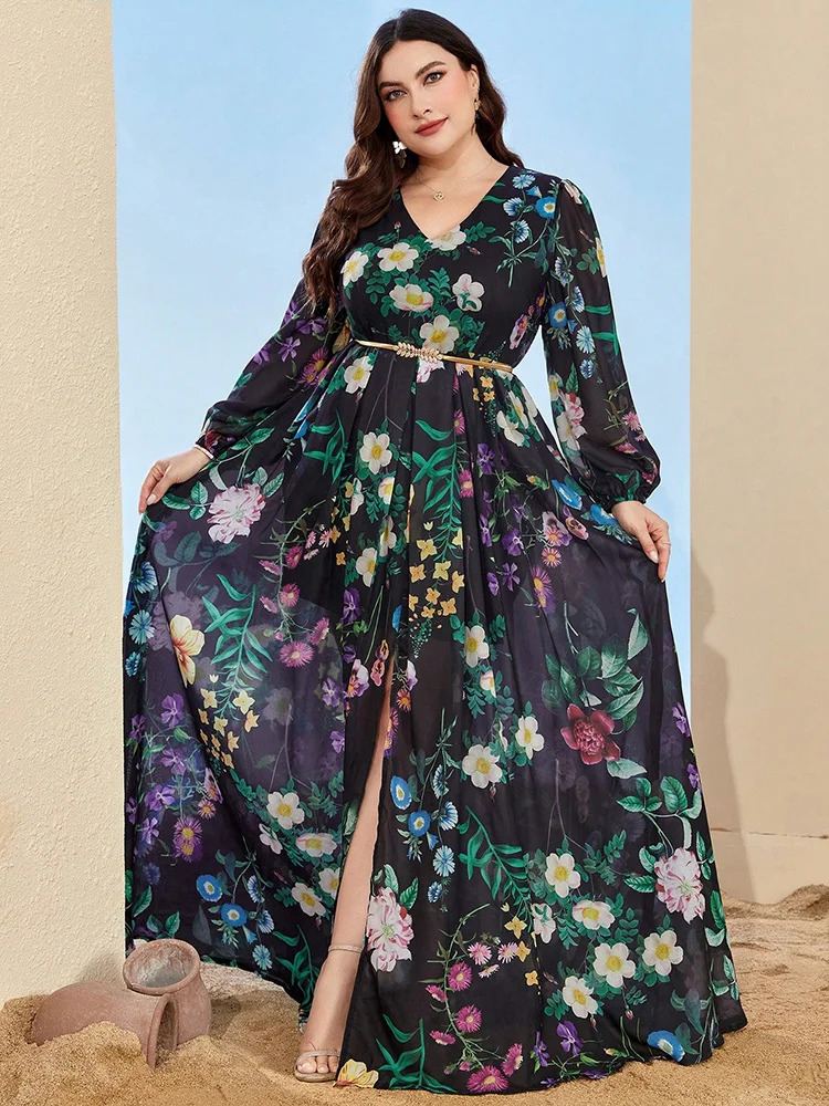 TOLEEN Women Plus Size Maxi Dresses Elegant Print Chiffon Dress With High Split Bohemian Aline Casual Fashion Bridesmaid 250517
