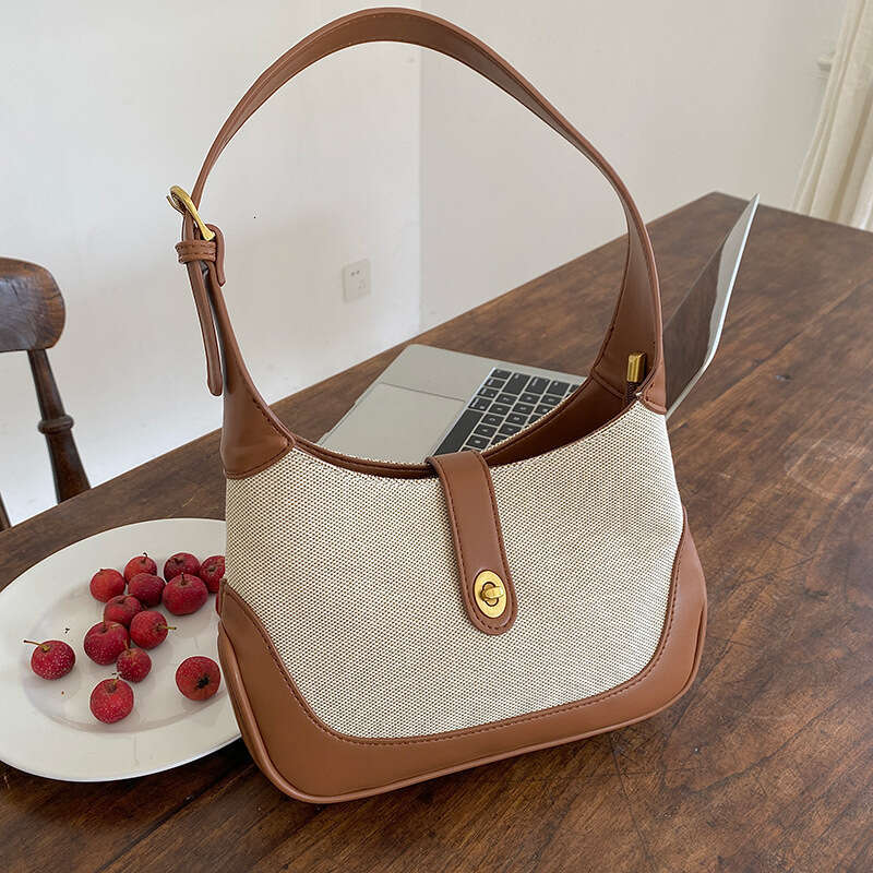 2024 New Canvas Shoulder Bag for Women, Crescent Underarm Bag, Niche Ins Style, Patchwork Color Block Handbag