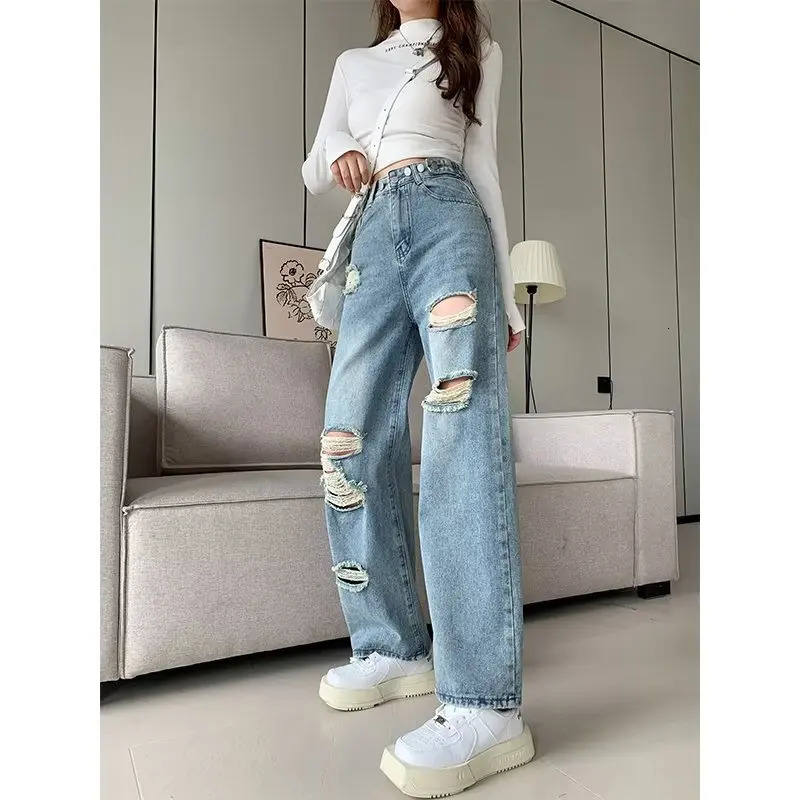 2025 Spring Summer Jean Hole Ripped Loose Full Length Blue Color High Waist Denim Pants For Women Streetwear Trousers 250516Z