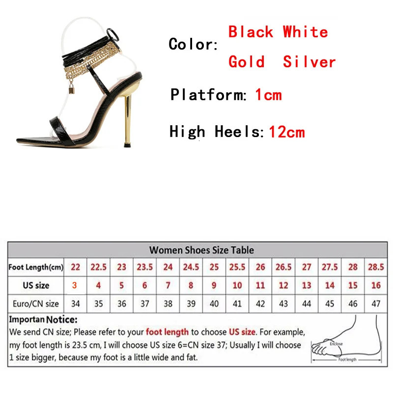 Womens Sandals High Heels 12CM Chain Ankle Strap Gold White Pointed Toe Female Party Shoes Sandalias de mujer Size 35-42 250526