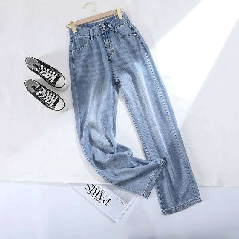 Summer Ultra-Thin Women's Jeans 100% Lyocell Cool Comfortable Baggy Straight Denim Pants Korean Street Fashion High Waisted