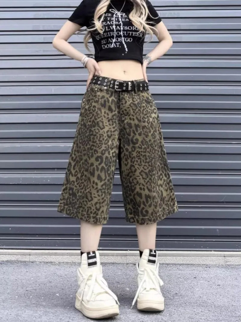 Vintage Leopard Print n Sevenpoint Trousers Street Personality Trendy Jeans Short High American Fashion Jean 250516Z