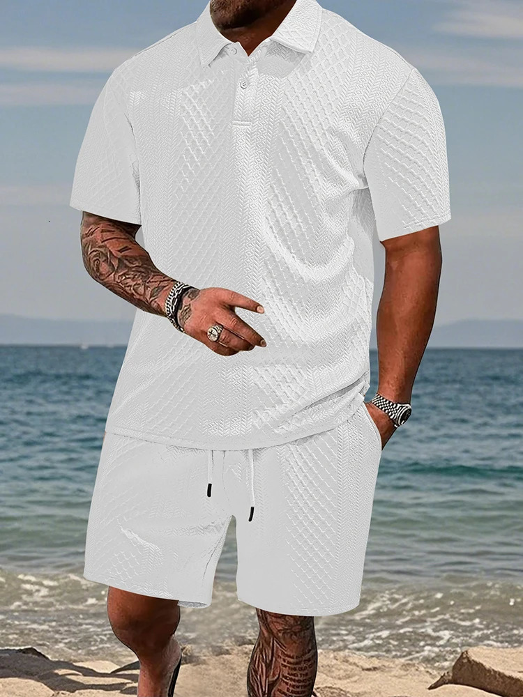 2025 Summer Casual Mens Two Piece Sets Fashion Button Lapel Short Sleeve Polo Shirt And Shorts Outfits Men Vintage Texture Suits 250522