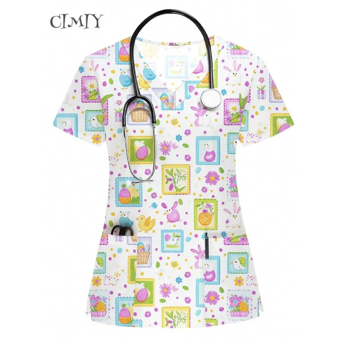 Uniform Nurse Cat Print Scrub Tops Pet Shop Medical Uniforms Nurse V-Neck Shirt Nursing Accessories Doctor Scrubs Clothes 2025 X250528