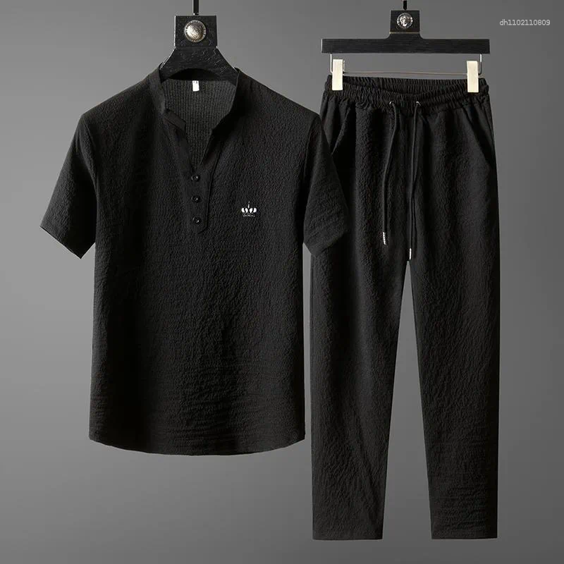 Men's Tracksuits Thin Casual Sports Suit For Men In Summer Chinese Style High-end V-neck Embroidered Slim Short-sleeved Two-piece Set