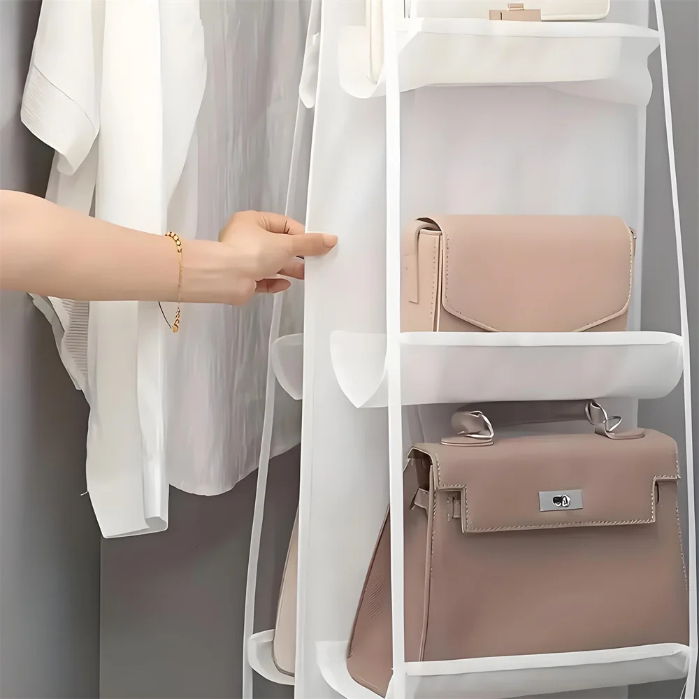 1pc 6/8 Grids Purse or Handbag Hanging Closet Organizers Clothes and Bra Transparent Hanger Storage On Wall Towel Locker Shelf 250526