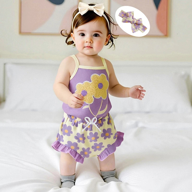 Toddler Girl Summer Outfit Floral Embroidered Sleeveless Bodysuit Elastic Waist Ruffle Shorts Headband 3 Piece Set for Baby 250528