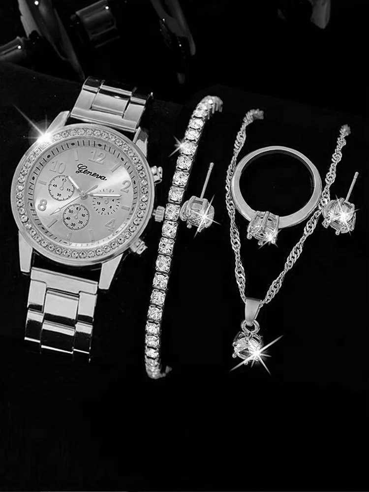 6pcs Fashionable and Versatile WOMENS Quartz Watch with Diamond Inlay Bracelet Necklace Earrings Ring SetXJ250527