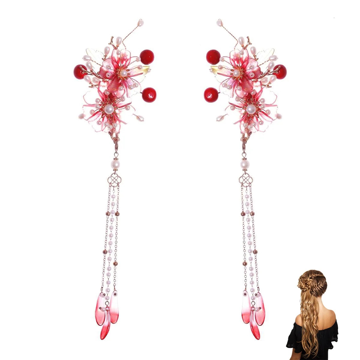 Chinese Style Hairpins with Pearls Decor Handmade Vintage Tassel Pair Hair Clip for Thick Curly Styling Decorative MIAO 250519