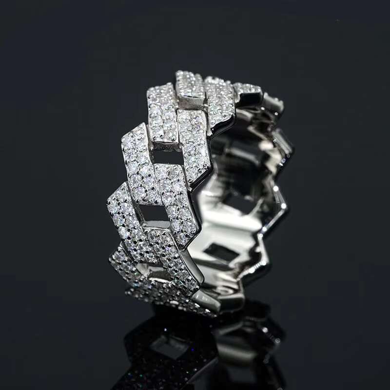 Luxury 925 Sterling Sliver Cuban Link Ring with round Brilliant Cut Moissanite Diamond for Wedding Engagement Party Gift
