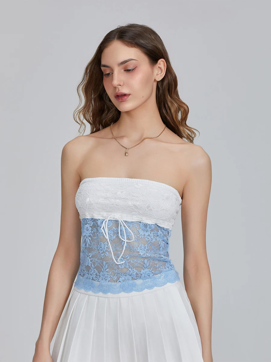 Women s Lace Tube Tops Fit Off Shoulder Backless Sleeveless See Through Lace Flower Crop Tops Shirts for Summer 250523