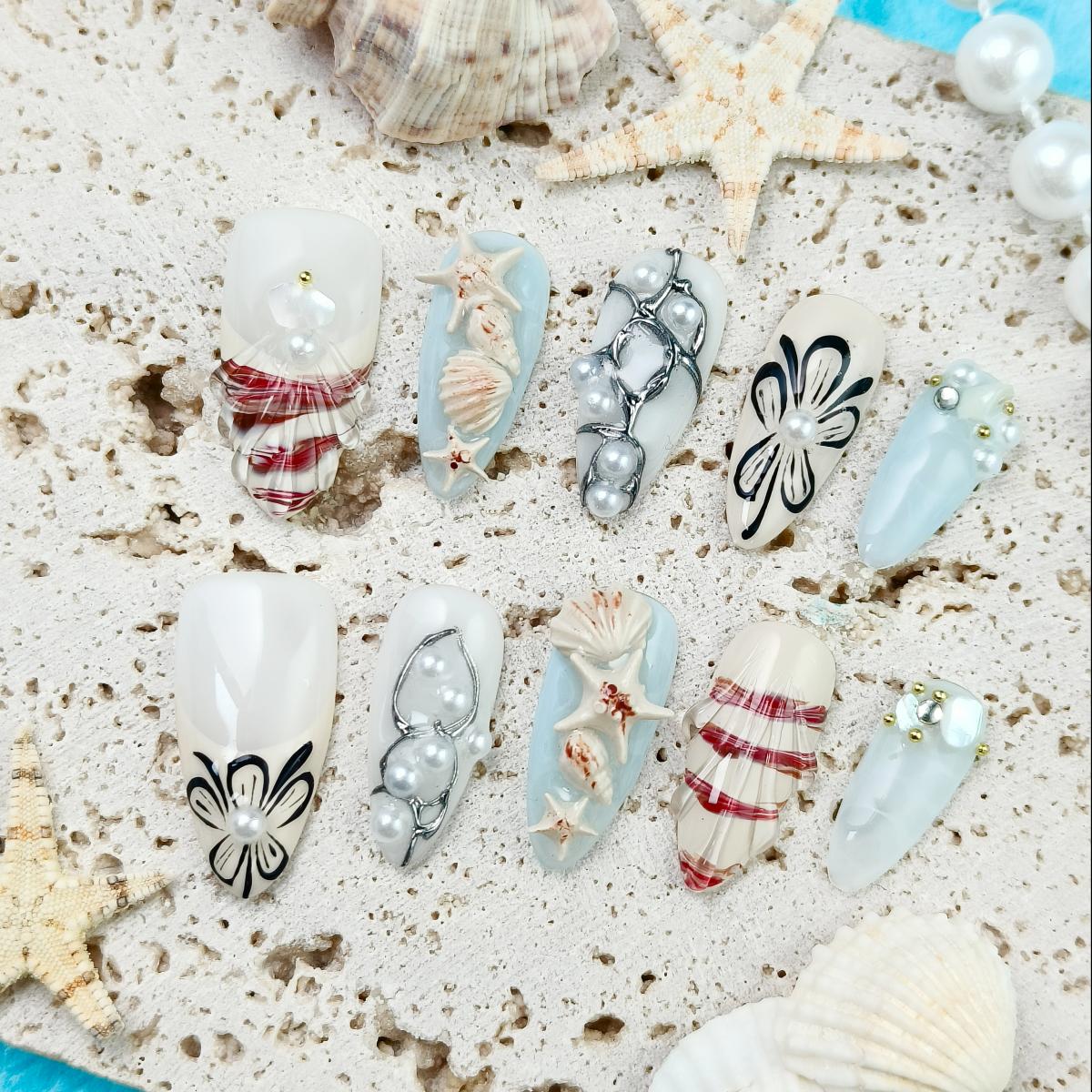 10pcs Ocean series Handmade Press-on nails Medium Almond Nails Bundle 3D Hand drawn Shell Pearl Finished nail stickers Free storage box jelly glue and