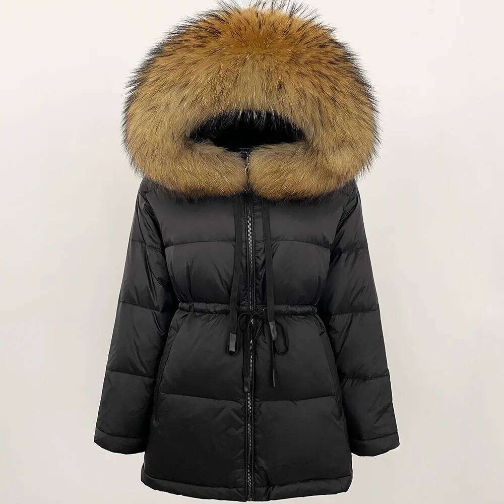 Winter Puffer Jacket Women Large Natural Raccoon Fur Hooded 90% Duck Down Coat Female Warm Sash Tie Parkas Waterproof