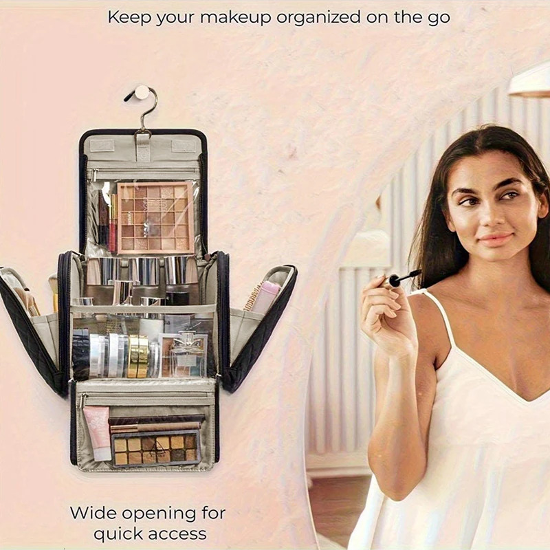 Makeup Bag for Women with Hanging Hook Large Portable Capacity Organizer Travel Case for Toiletries and Cosmetics 250527