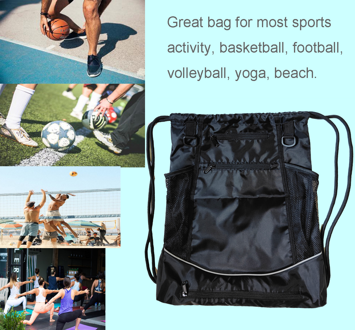 Fashion Drawstring Bag School Gym Swim Beach Backpacks Sports Backpack for Boys Girls String Bag for Basketball Soccer Volleyball with Mesh Net Sackpa