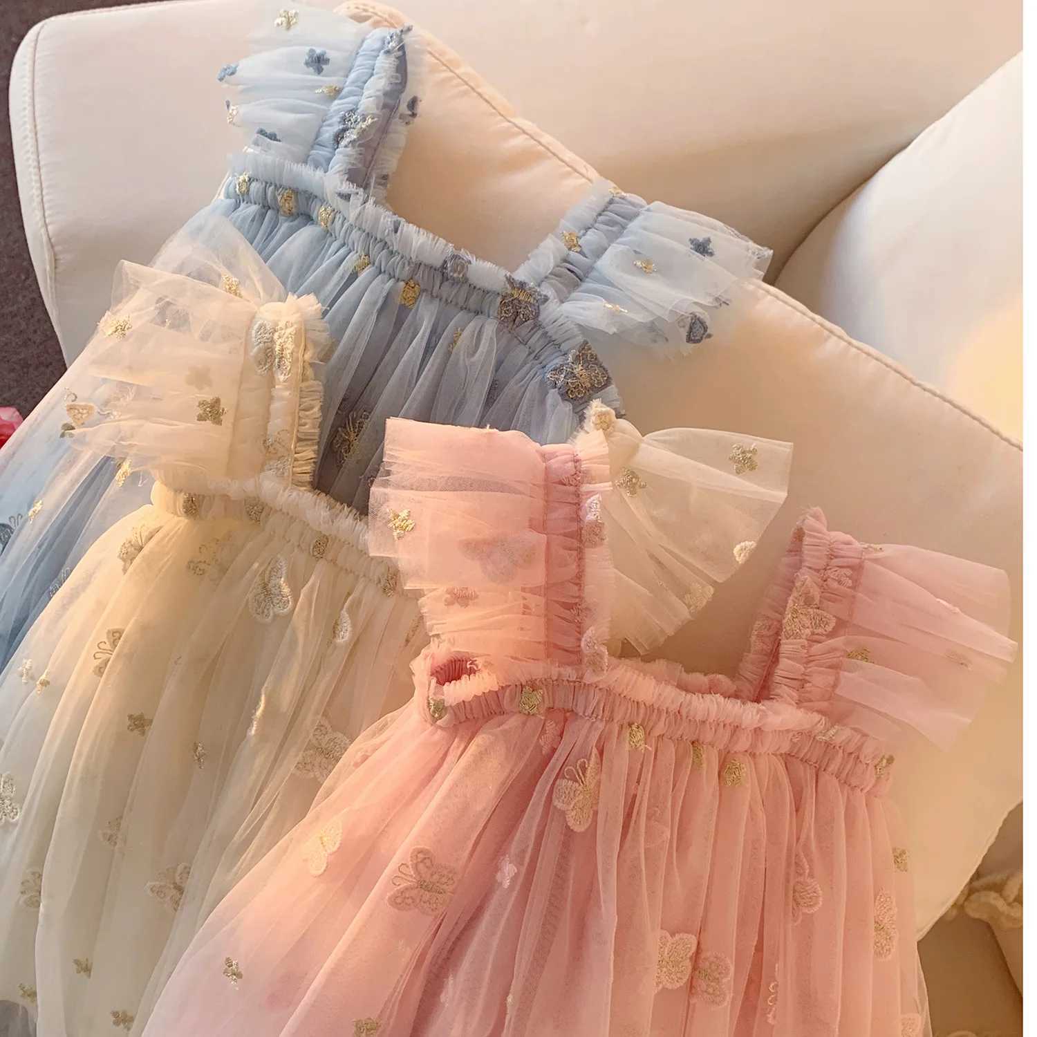 Summer New Baby Girls Pink Dress Casual Costume for 2025 Birthday Princess Party Dress Embroidered Butterfly Mesh Toddler Dress X250528