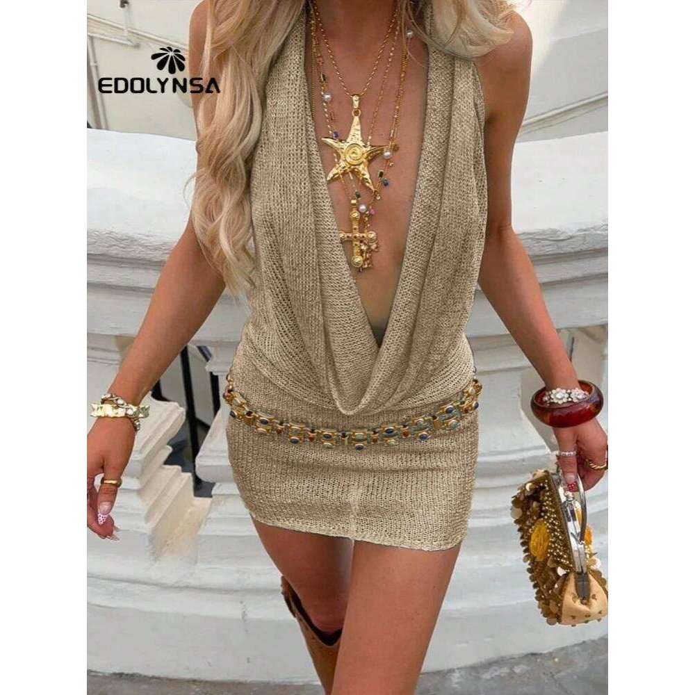 2025 Women Solid Colour Sexy Stacked V Neck Sleeveless Backless Knit Beach Mini Dress Summer Swimsuit Cover Up Party Outfit K145