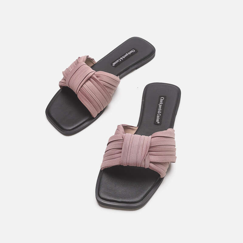 2025 New Summer K Fashion Beach Vacation Square Toe One-Strap for Women Outdoor Pleated Flat Sandals