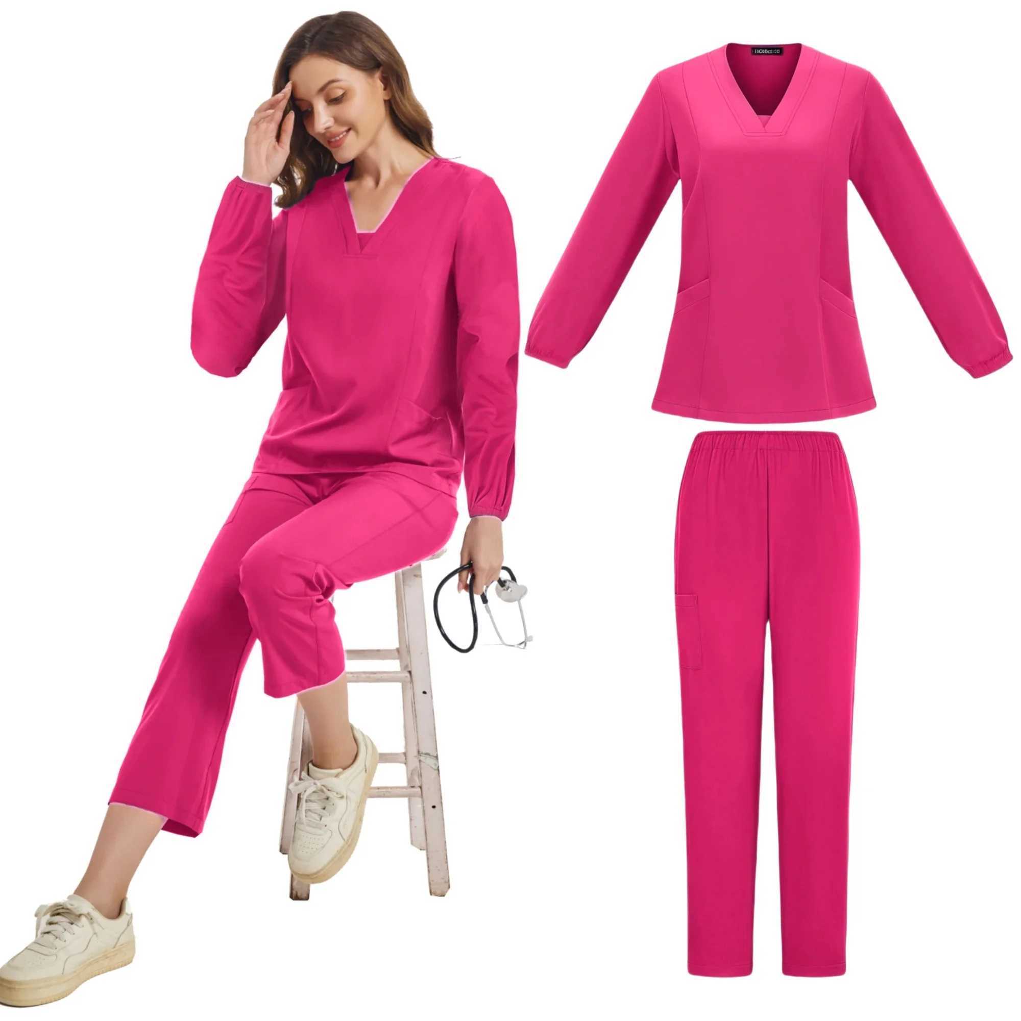 Surgical Uniforms Woman Scrubs Set Medical Nurse Fashionable Nursing Medical Scrubs Long Slve Top Jogger Sets Scrub Uniform X250528