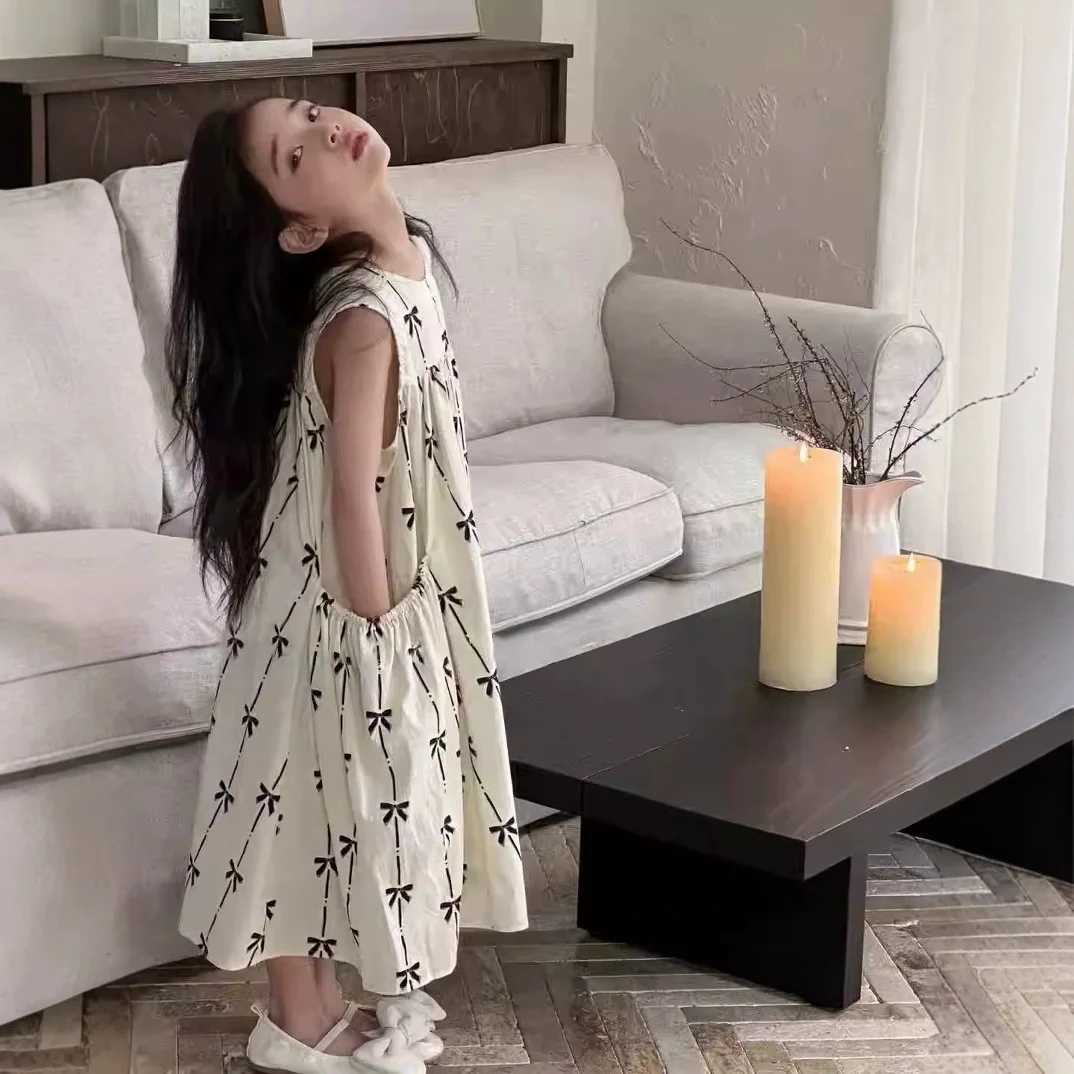 2025 Summer Kids Girls Stylish Vest Dress Pocket Sweet Princess Knotbow Dress For 2-8 Years Girls Loose Children Girls Dress X250528