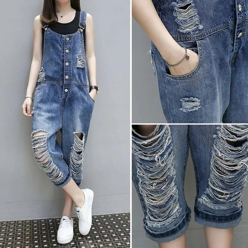 Loose Hole Denim Overalls Women Retro Jeans Suspenders Ankle-Length Pants Hollow Out Streetwear Students Jeans Spring Autumn 250523