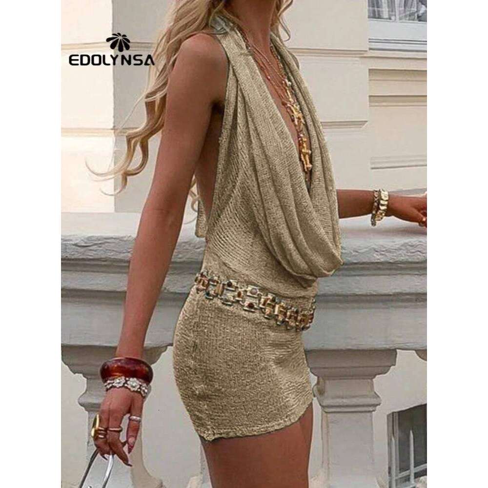 2025 Women Solid Colour Sexy Stacked V Neck Sleeveless Backless Knit Beach Mini Dress Summer Swimsuit Cover Up Party Outfit K145