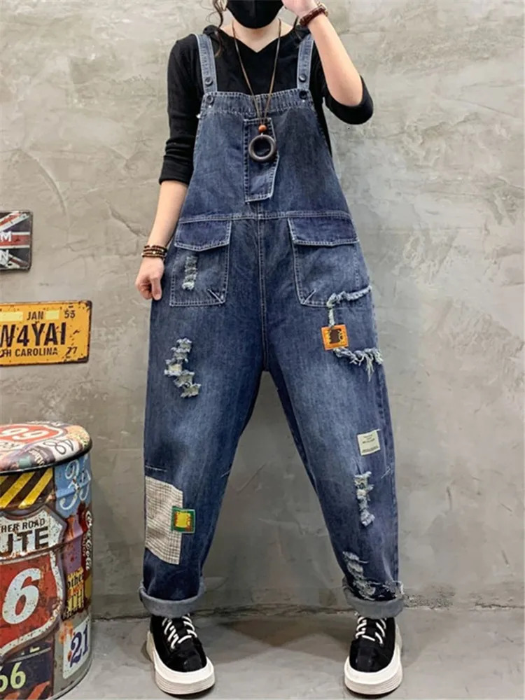 Women Clothes Spring summer Fashion Denim Jumpsuit Vintage Hole Trendy Trousers Wide Leg Dungarees Straps Baggy Suspender Jeans 250523