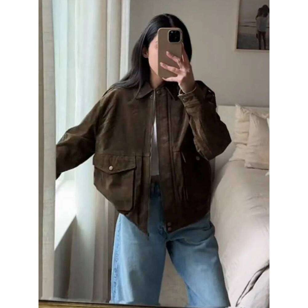 Brown Suede Jacket For Women Fashion Lapel Zipper Long Sleeve Pockets Motorcycle Bomber Coat 2025 New Spring Lady Loose Outwears