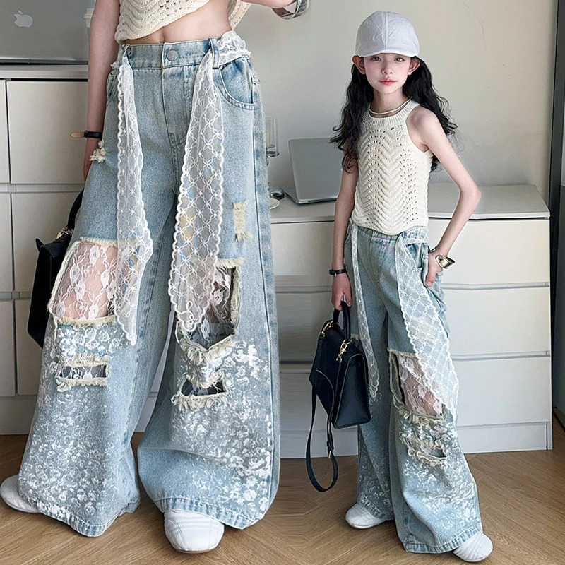 Kids Stylish Streetwear y2k Jeans For Girl Lace Drawstring Denim Pants Child Fashion Hip Hop Ripped Trousers with Holes 250528