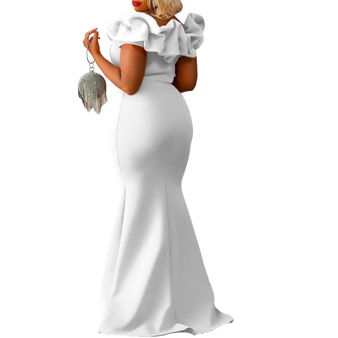 Plus size evening dresses 2025 new solid color long dresses fishtail dresses with ruffle trim slim fit skirts Elegant Evening Gowns for Women