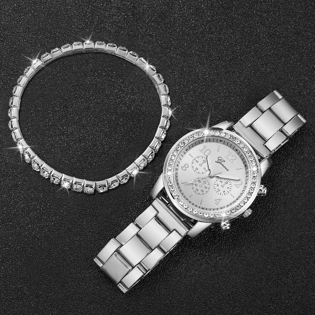 Fashion Women Stainless Steel Silver Color Quartz Watch with Diamond Bracelet XJ250527
