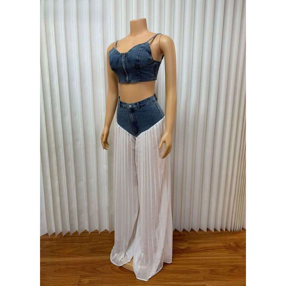 Fashion Denim Chiffon Women's Strapless Crop Top And Jeans Pants Suits 2025 Sexy Party Club Two 2 Piece Set Outfits