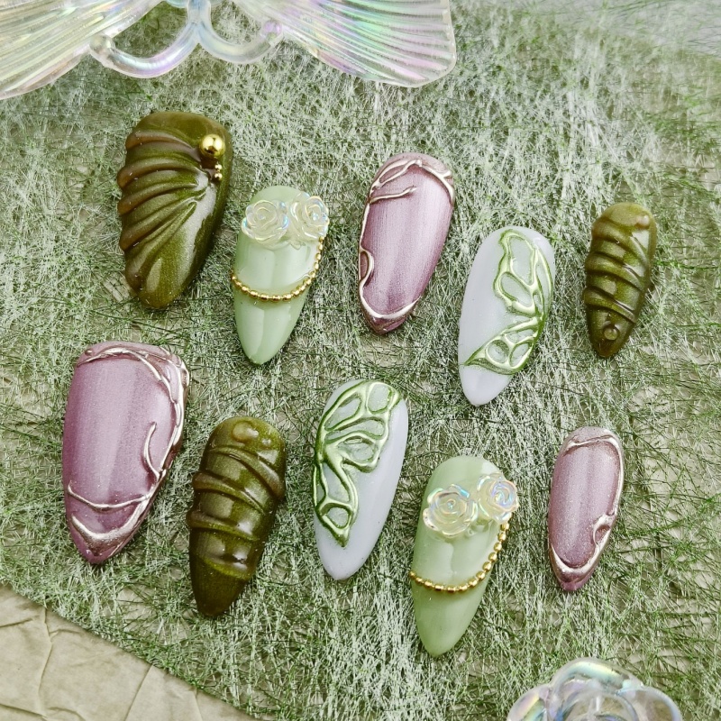 10pcs 3D Handrawn Handmade Press-on nails Medium Almond Nails Fake nails Bundle 3D Flwoers Butterfly Finished nail stickers Free storage box jelly glu