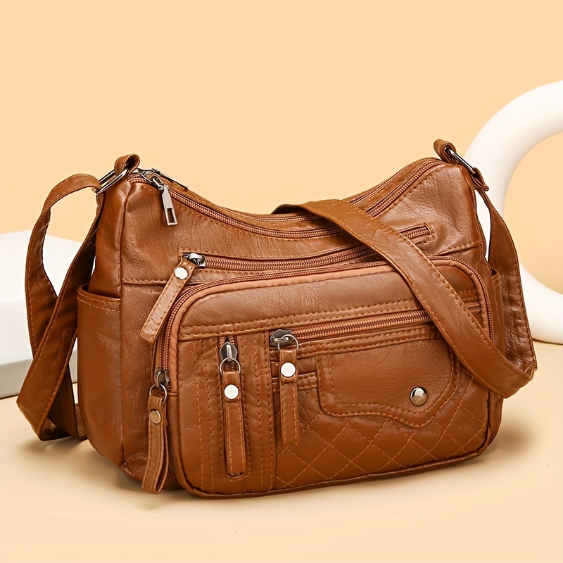Large Capacity Nylon Shoulder Bag, with Adjustable Strap, Anti-theft Zipper Closure - Available in Brown, Light Gray, Red, Black