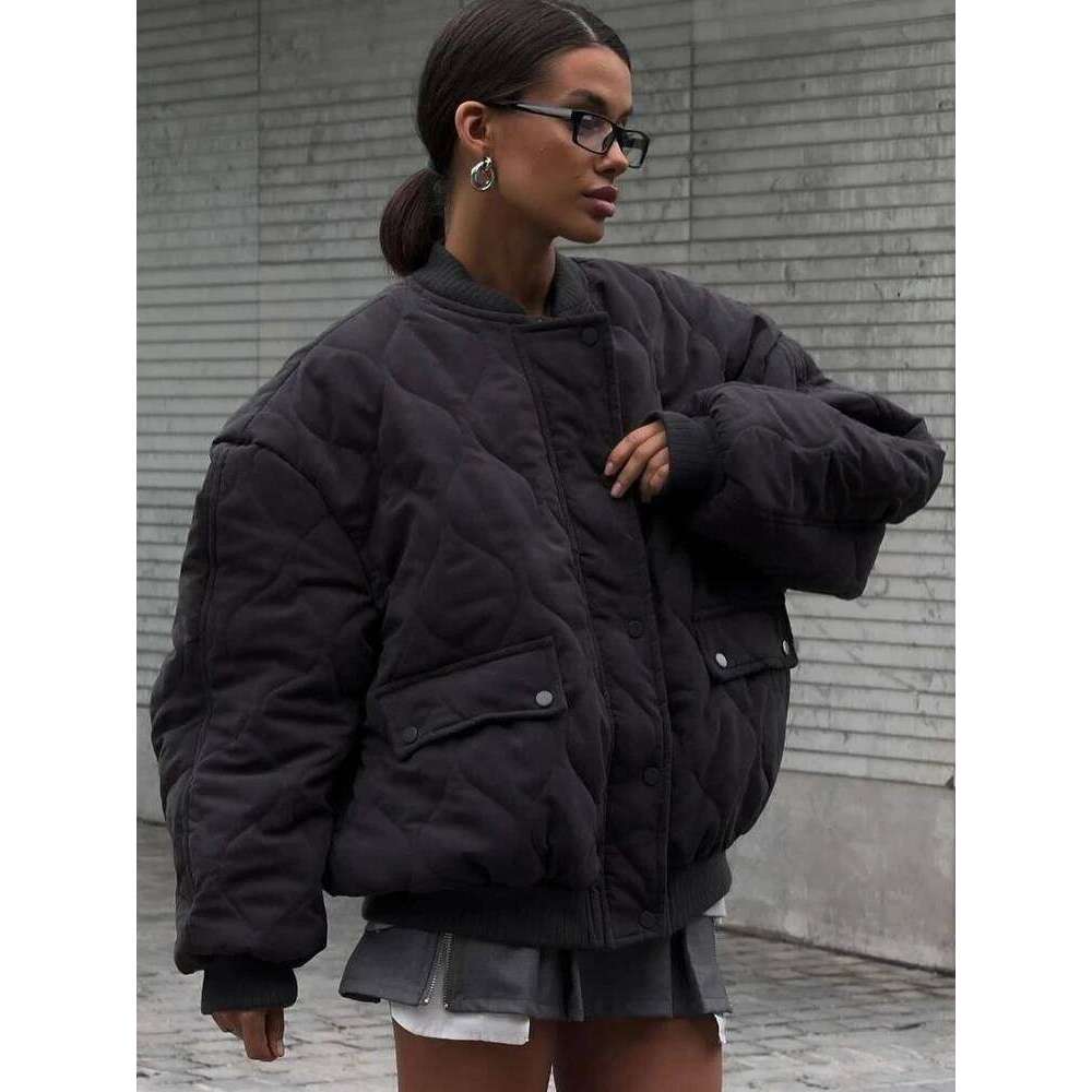 Women Quilted Warm Loose Bomber Jacket Stand Collar Solid Vintage Zip Button Pocket Spliced Outerwear Winter Chic Coat