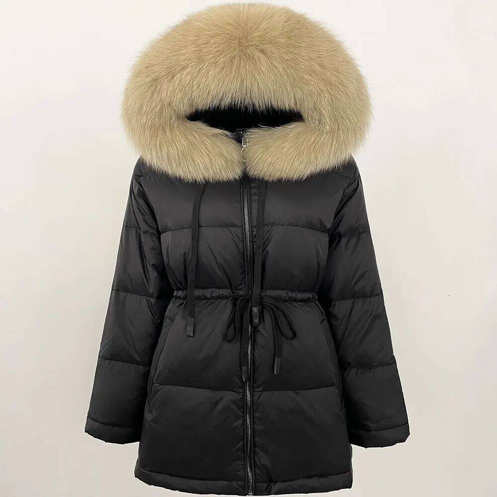 Winter Puffer Jacket Women Large Natural Raccoon Fur Hooded 90% Duck Down Coat Female Warm Sash Tie Parkas Waterproof