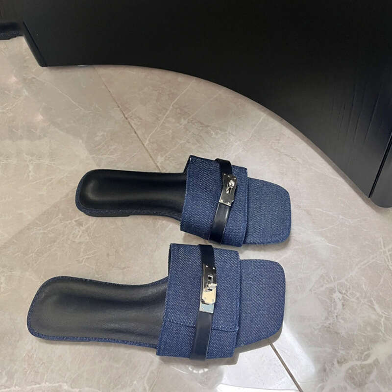 French Style Metal Buckle Flat Sandals for Women Summer Outdoor Square Open Toe Casual Vacation Beach Shoes