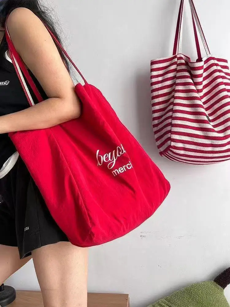striped canvas bag Korean style AB double-sided large capacity shoulder bag tote bag lazy casual commuting 250526