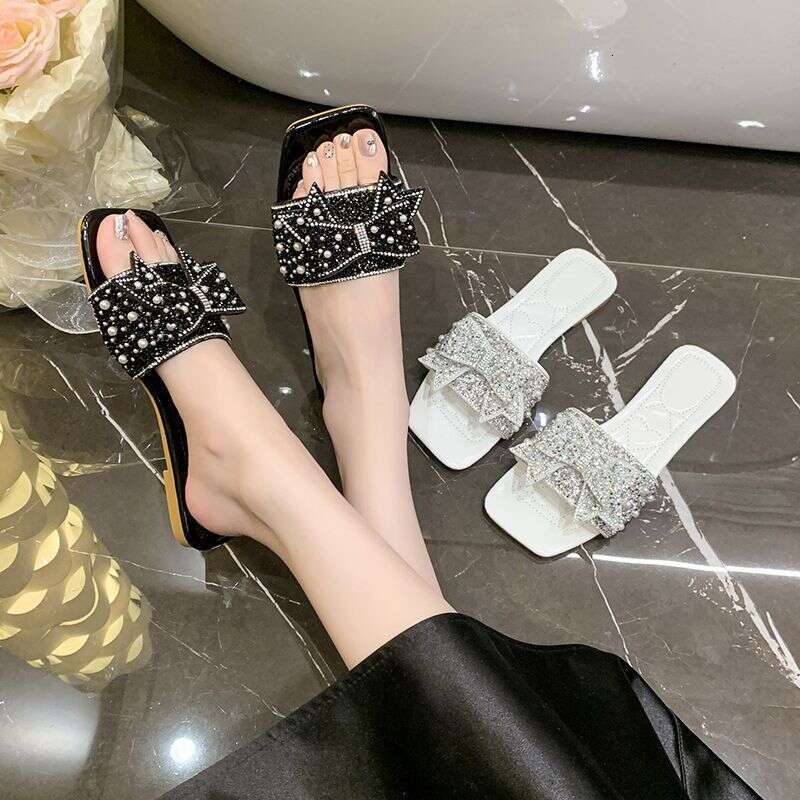 Exquisite Bow Tie Rhinestone Slippers For Women's Summer New Designer Sandals Comfortable Flat And Fashionable Sandals Luxurious Shoes