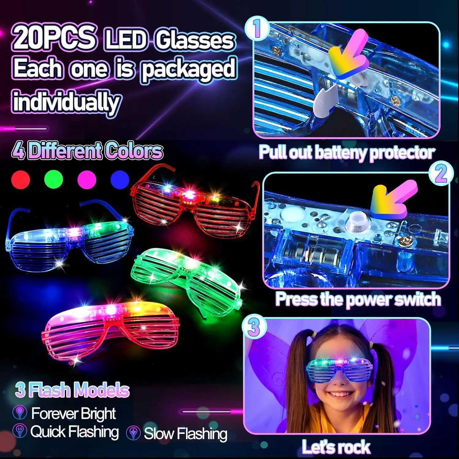 298-Pack LED Party Supplies 12 Fiber Wands 20 LED Glasses 8 Foam Sticks 200 Glow Bracelets for Wedding Birthday W250528