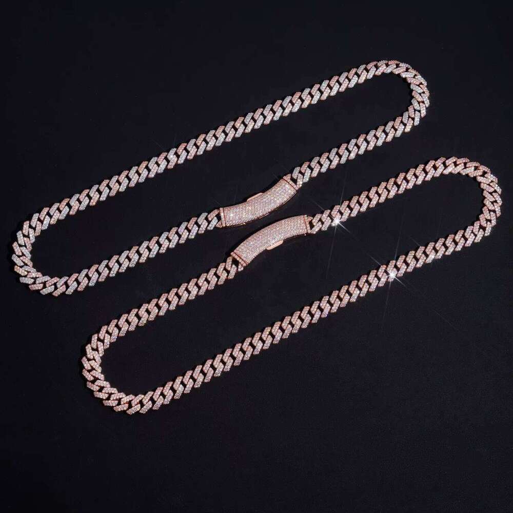 Basic Design Two Rows Iced Out VVS D Color Moissanite Dia Rose Gold Cuban Link Chain Necklace 10MM Curve Lock