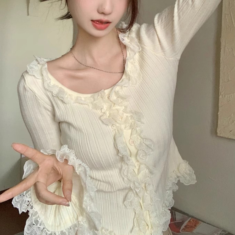 XR181 Gentle Style Pure Desire Knitted Small Cardigan Women's Spring and Autumn Lace Sweater Tea Break French Style