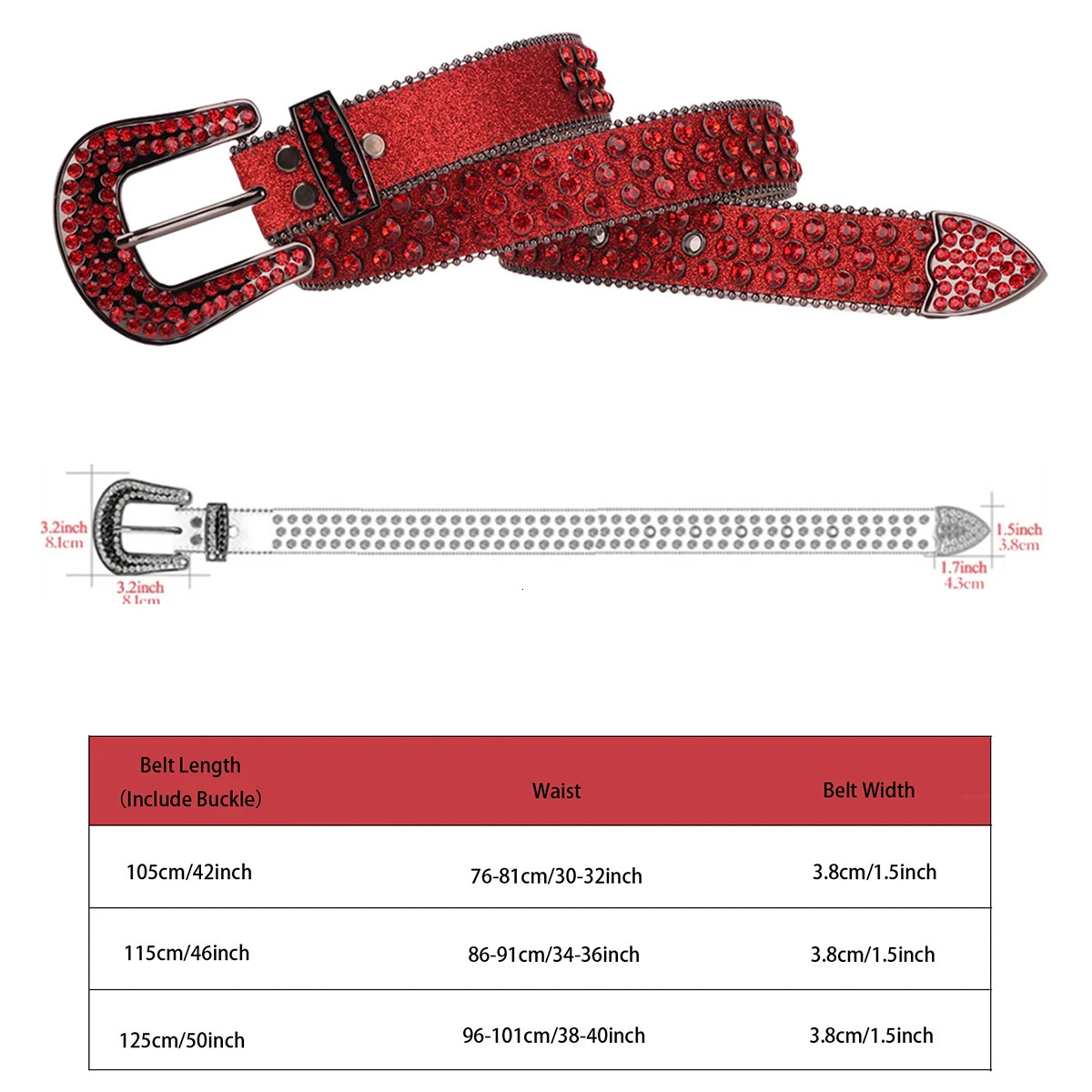 Mens Womens Fashion Sparkle Red Rhinestone Belt Strap Western Cowboy Cowgirl Bling Crystal Studded Belt for Jeans Dress 250523