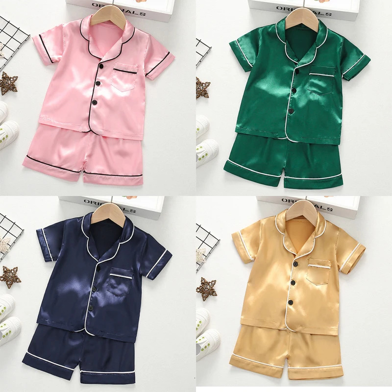 Summer Children Clothes Pajama Set Stain Silk Soft Solid Color Comfortable Clothing Kids Girls Boys Pajamas Sleepwear 250528