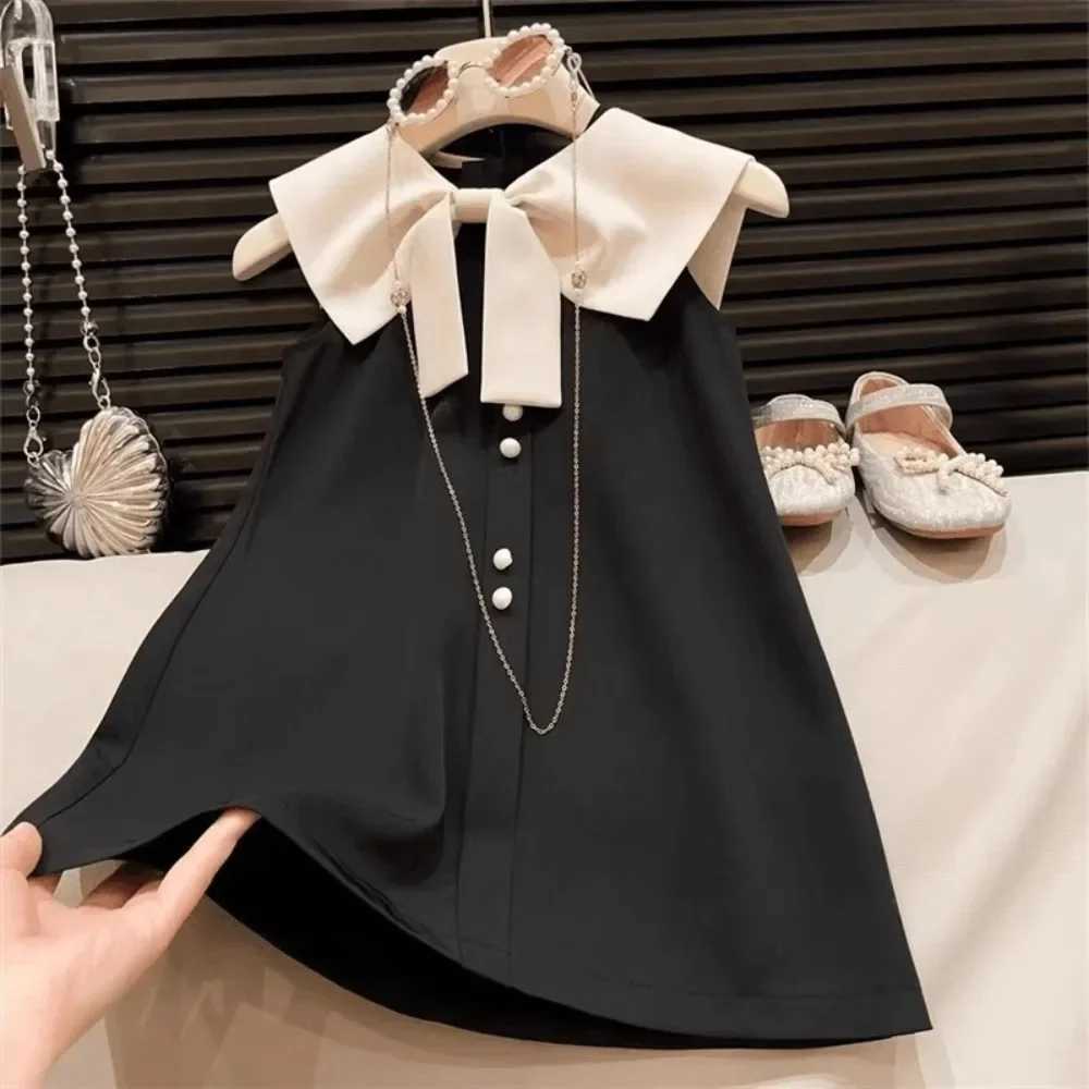 Korean Version Black Sleeveless Kids Clothes Summer New Bow Decoration Girls Dress Birthday Party Princess Dresses 2-7 Years Old X250528