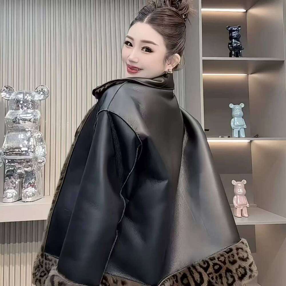 Faux Mink Fur Coat for Women, Double Breasted PU Jacket,Leopard Print Overcoat, Designer Female Clothes,Spliced,New, Winte