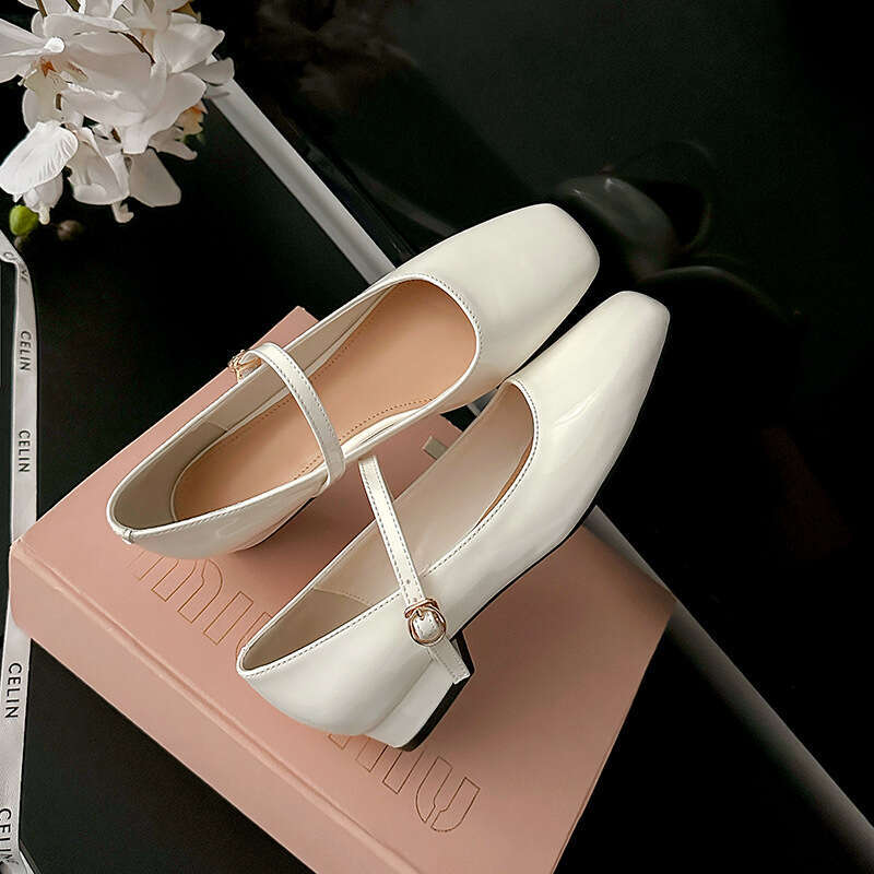 Cowhide Version French Mary Jane for Women, Autumn Square Toe Shallow Mouth Chunky Heel Single Shoes with One-Strap High Heels